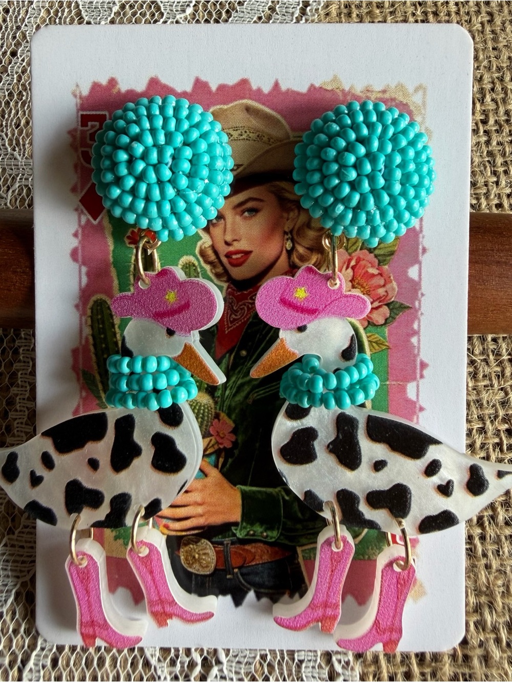 Turquoise Beaded Cowgirl Duck Statement Earrings with Pink Boots